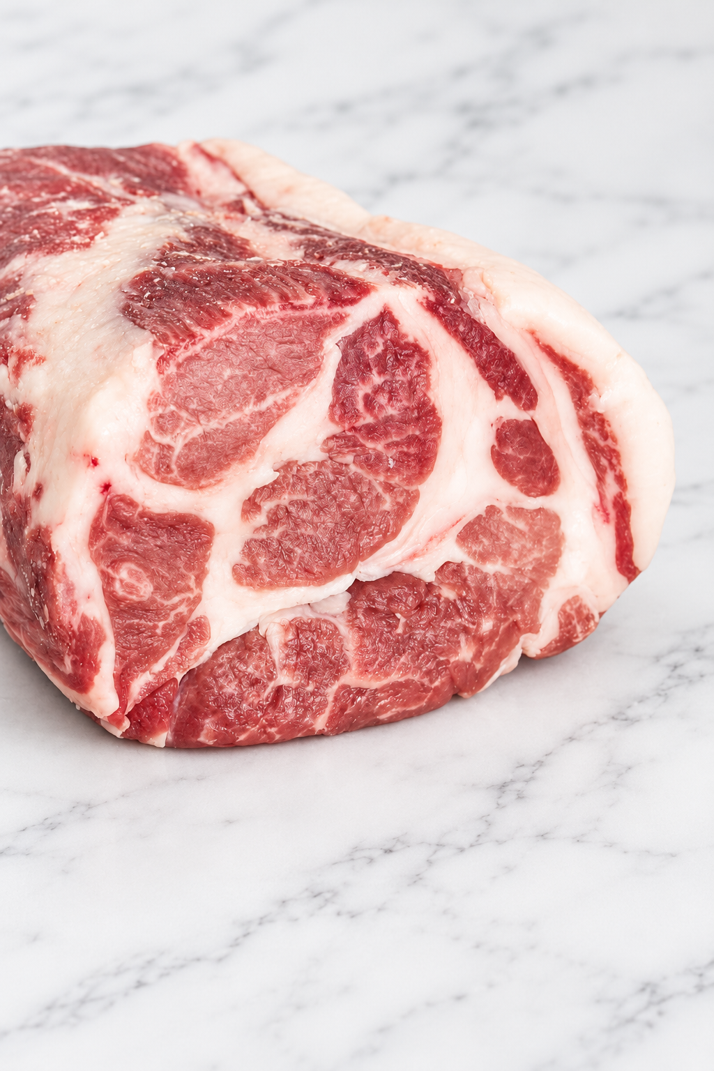 Close-up of a Berkshire pork shoulder cut on white marble
