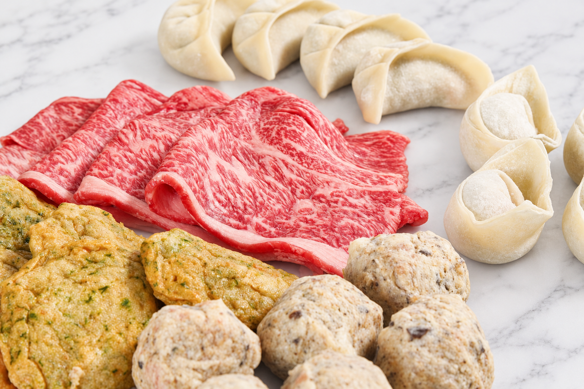 Japanese A3 Wagyu hot pot slices with Shanghai wontons, fish cakes and shiitake meatballs