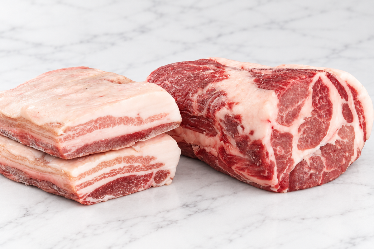 Berkshire pork belly slabs and shoulder cut on white marble