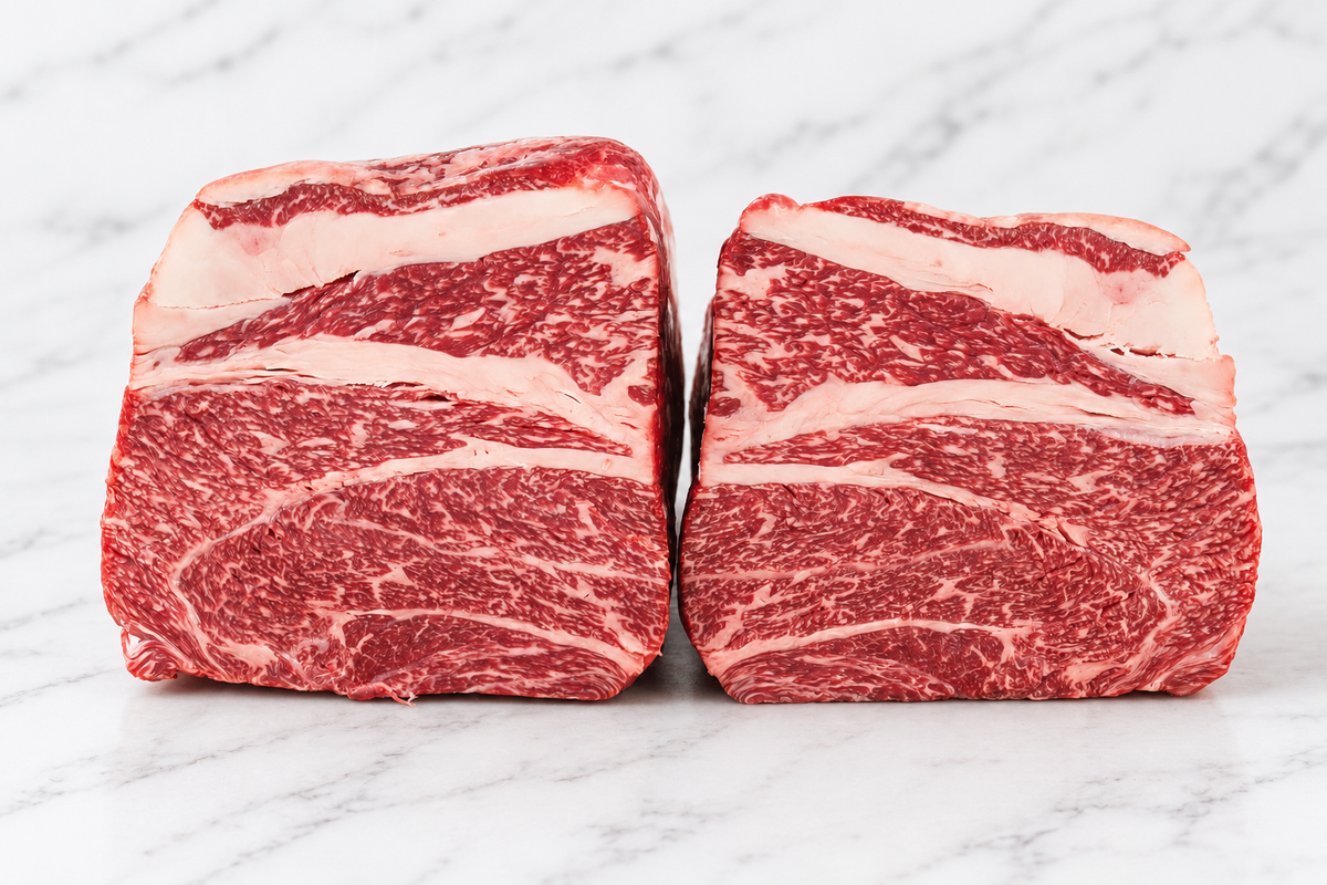 Two Japanese Wagyu beef cuts showing natural marbling on white marble