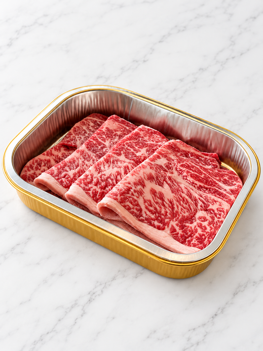 Japanese A3 Wagyu hot pot slices in a gold-rimmed tray on white marble