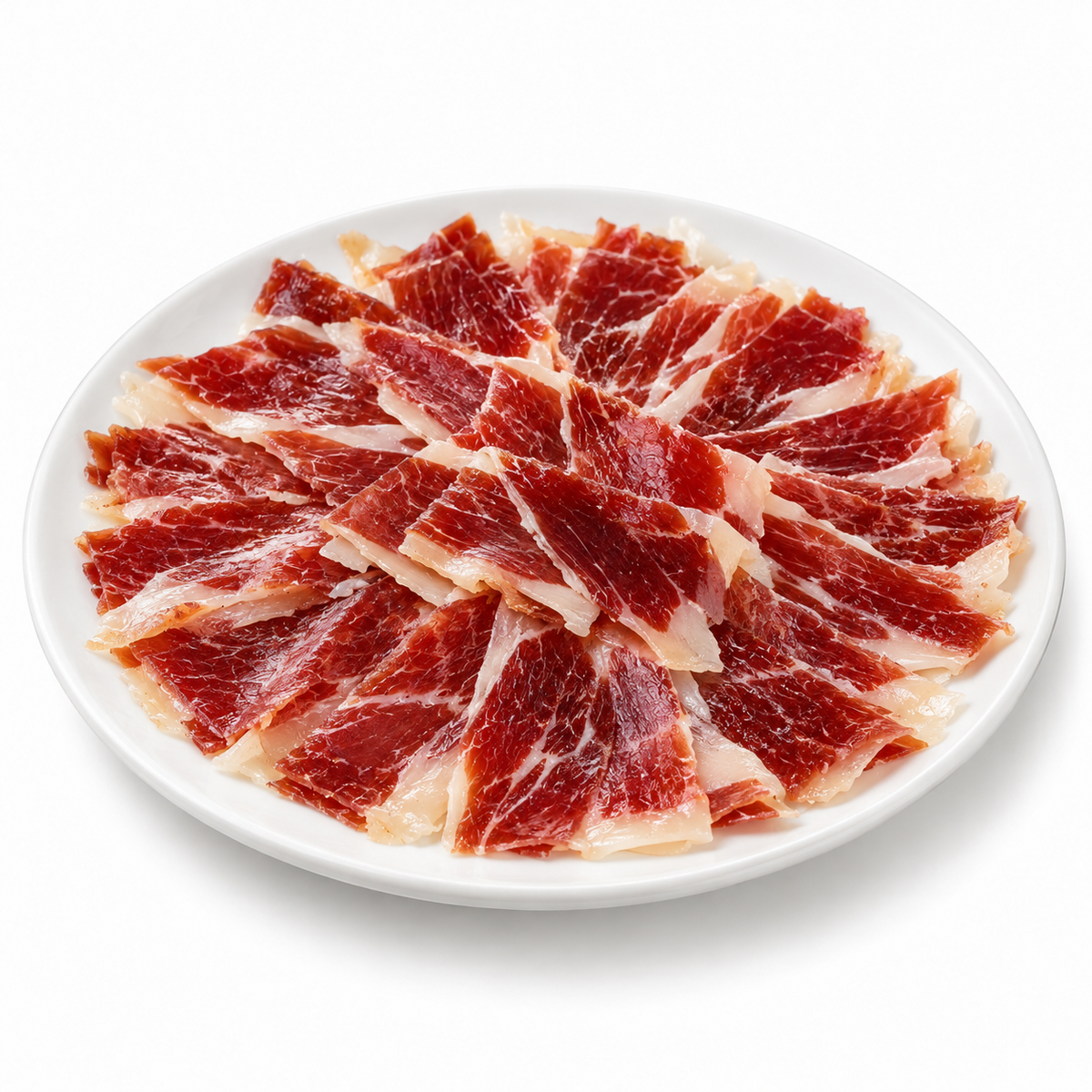 Thin slices of cured ham on a white plate, 28-Month Aged Mangalitsa Jamón from FAV Craft Kitchen