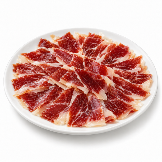 Thin slices of cured ham on a white plate, 28-Month Aged Mangalitsa Jamón from FAV Craft Kitchen